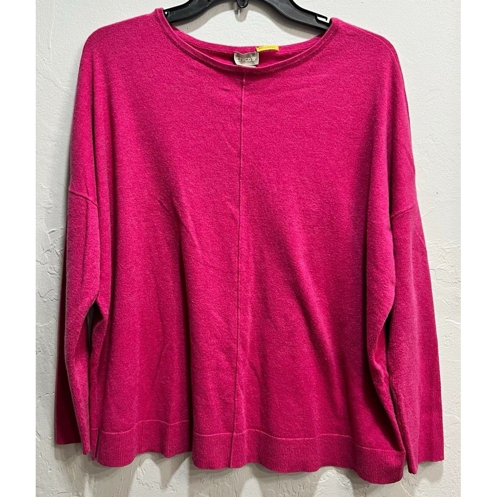Chico's Women's Pink Crew Neck Knit Solid Long Sleeve Pullover Sweater Size 2